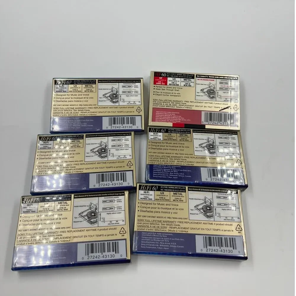 Sony Lot 6‎ Sealed NEW Blank Cassette Tapes HF HiFi Normal Bias 60 Minutes UX